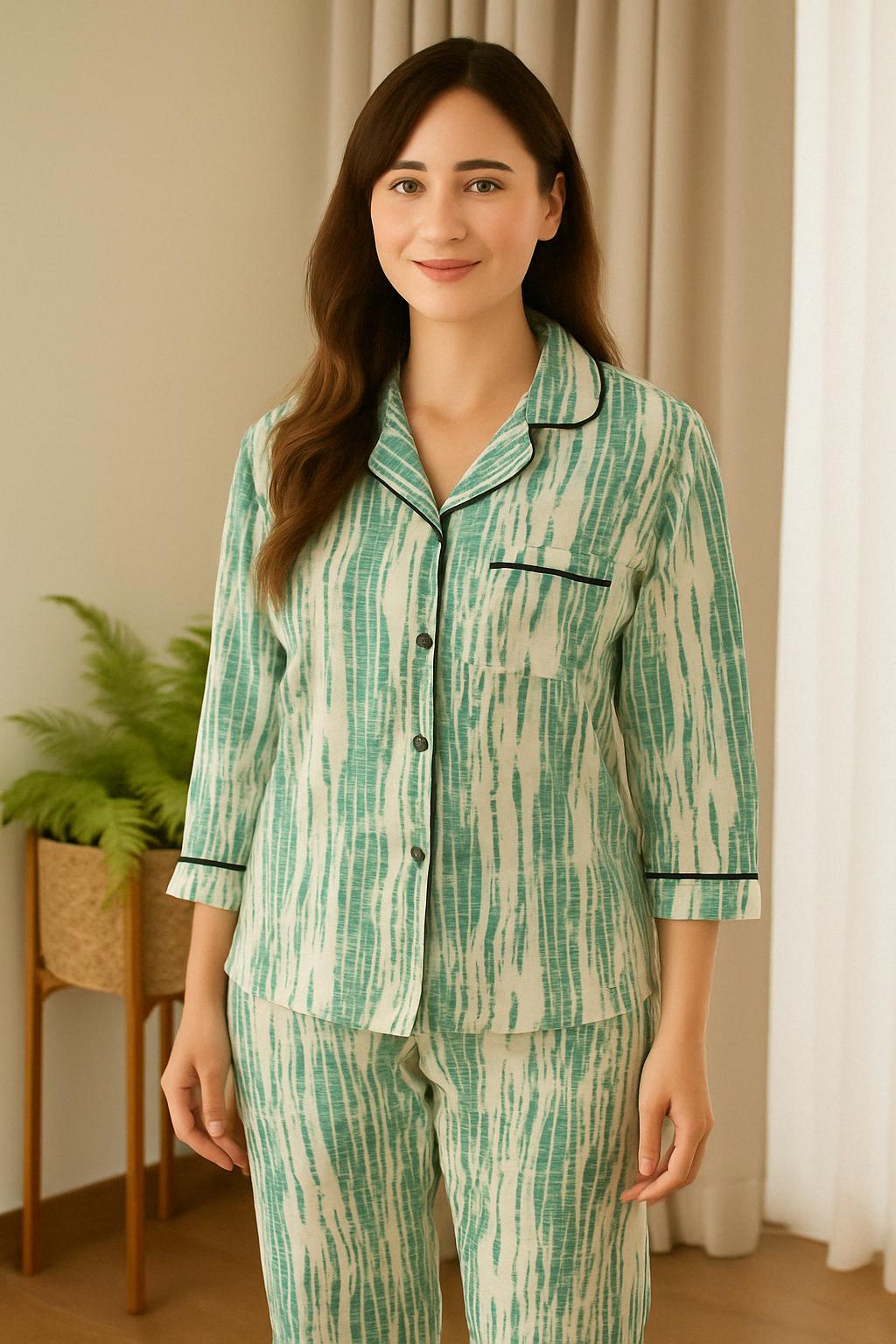 Printed Pajama Shirt Set with Matching Scrunchies 🌸