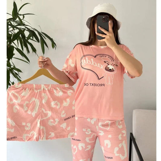 Soft Cotton Jersey 3 PCs Night Suit - 0012